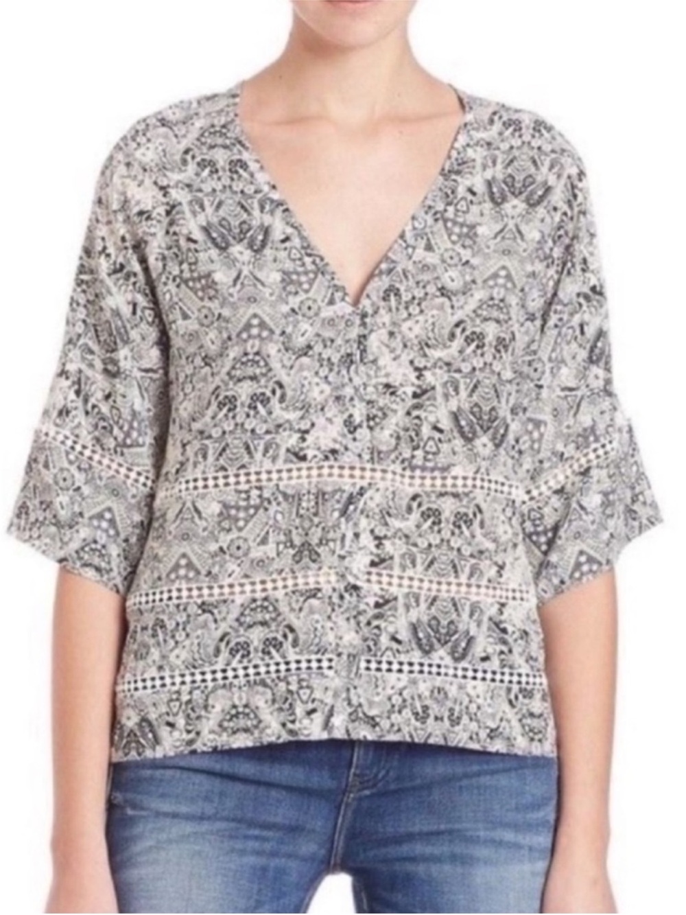 IRO Dalanie Blouse Size 36 Small Black White Boxy V-Neck Short Sleeve Eyelet Top